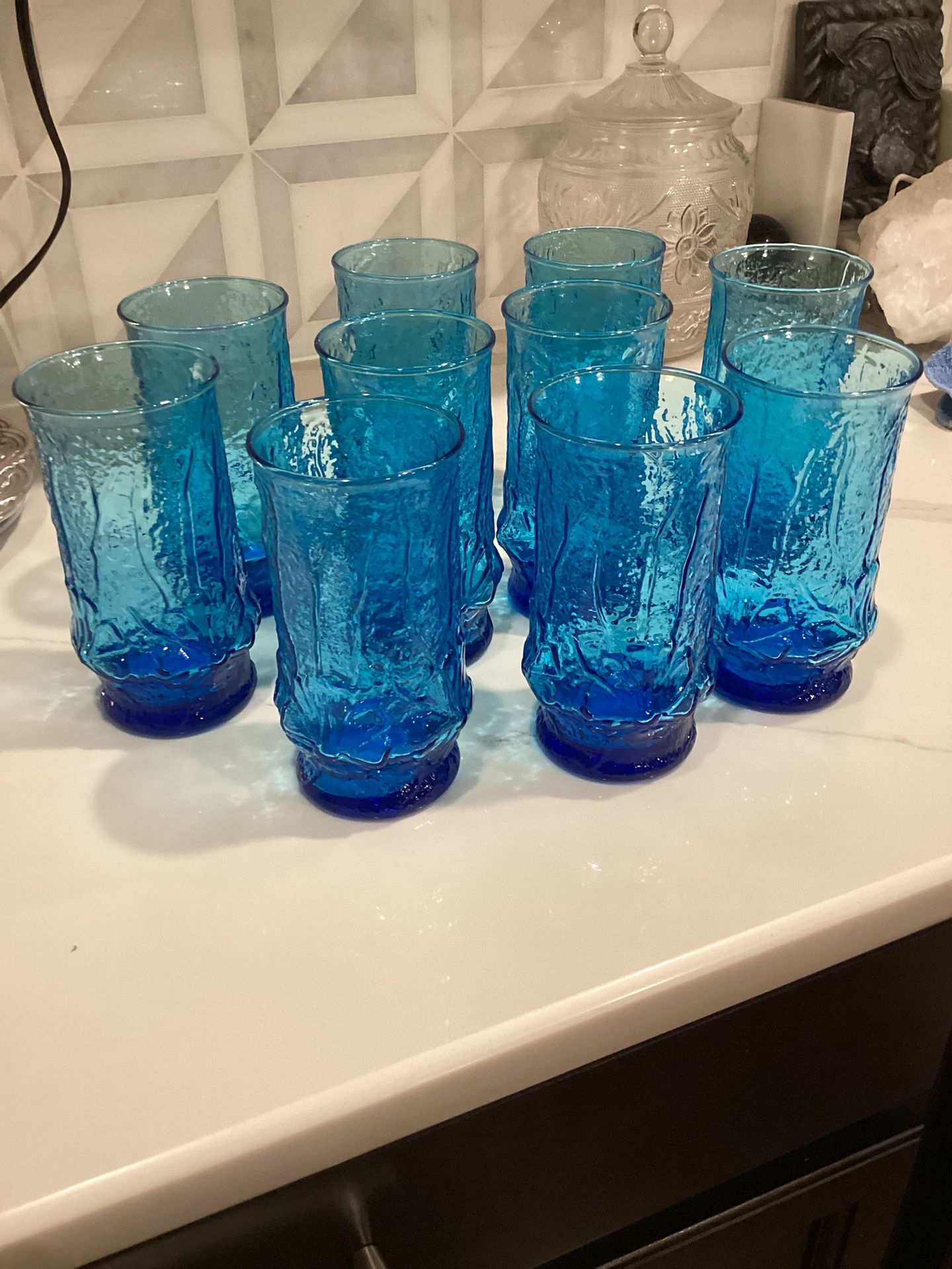 SET OF 10 - Vintage Anchor Hocking rainflower 10 oz glasses electric blue SEE PHOTOS!! perfect condition!