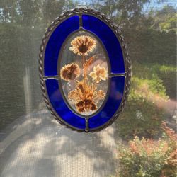 Vintage Pressed Dried Flowers With Blue Stained Glass 