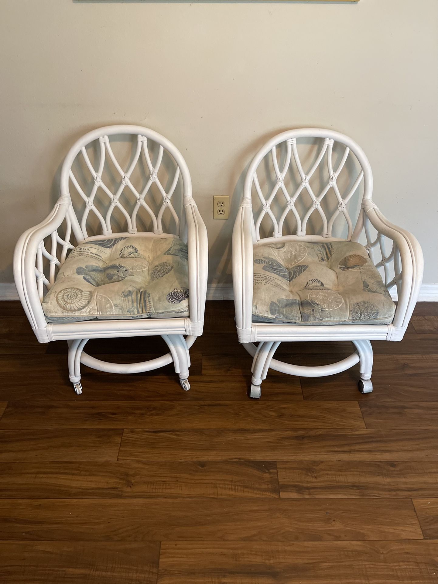 Two Bamboo Rattan Swivels Rocking Chairs With Wheels And Cushions- Great For Patio - $85 For Both - Delivery Available 