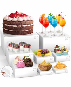 8 Pcs Acrylic Buffet Risers, Table Food Display Stands for Dessert Cupcake White Display Shelves forFruit, Parties, Catering & Jewelry, with Protectiv