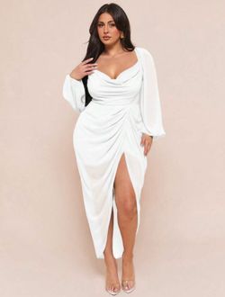 💋New! Elegant White Sheer Lined Draped Neck Ruched Asymmetrical Hem Slit Long Sleeves Size 0XL