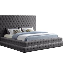 Revel Velvet / Plywood / Solid Wood / Foam Grey King Bed (3 Boxes)

