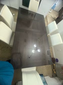 Dark Wood Dining Table with 6 White Chairs