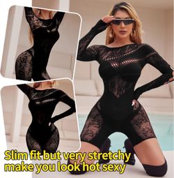 Womens Sexy Playsuit Black Off-Shoulder Bodysuit with Lace Inserts Hollow Out Details-Long Sleeve Stretchy Party Clubwea