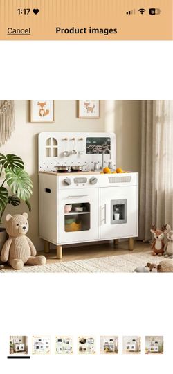 Play Kitchen for Kids, Pretend Playset with Blackboard Realistic Lights & Sounds, Ultimate Interactive Wooden Kitchen with Knob Sounds, Sink, Water Di
