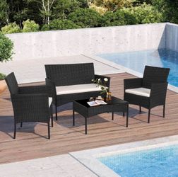 4 Piece Outdoor Patio Furniture Sets, Small Wicker Patio Conversation Furniture Rattan Chair Set wit