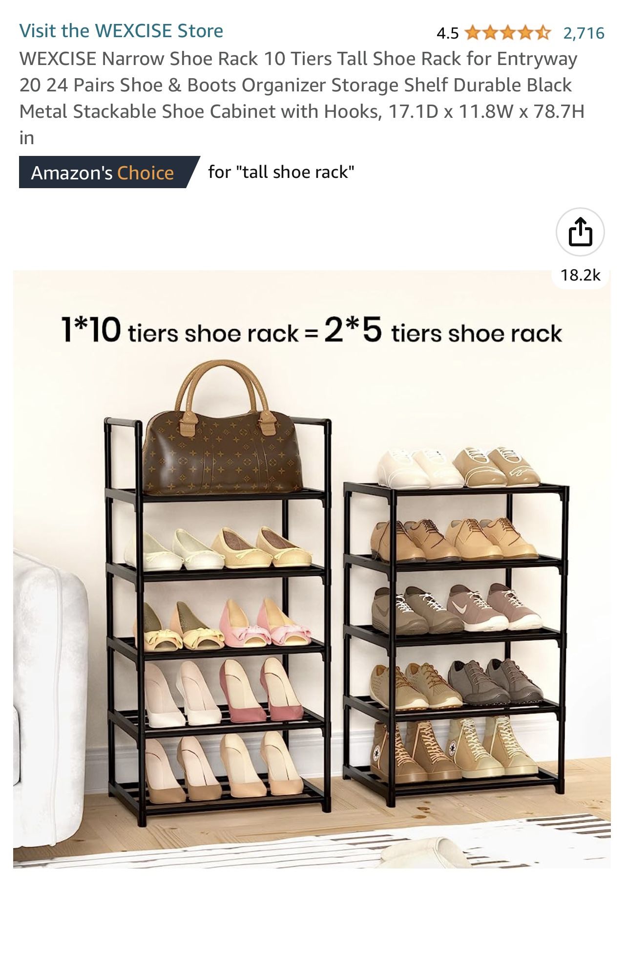 WEXCISE Narrow Shoe Rack 10 Tiers Tall Shoe Rack for Entryway 20 24 Pairs  Shoe 