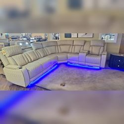 Beige Power recliner sectional sofa with LED USB Wireless charging