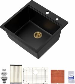 21 In. Black Drop In Wet Bar Sink, Granite Composite Single Bowl with Workstation Ledge Quartz Topmount Small Kitchen Prep RV Sink, 20"D x 21"W x 9.65