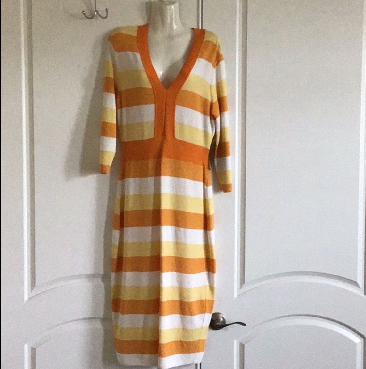 Eva-Mendes orange/yellow/white stripped dress sz L