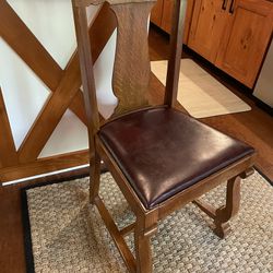 Antique Golden Oak Chair With Leather Seat.