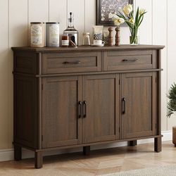 48 Inch Buffet Cabinet with Storage, Brown Farmhouse Sideboard Buffet w/2 Drawers and 3 Doors, Wood Coffee Bar Cabinet with Adjustable Shelves for Kit