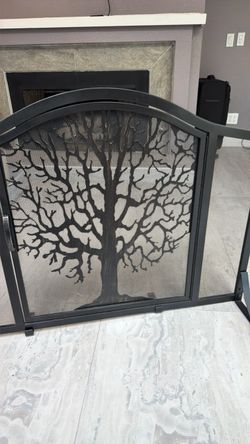 3-Panel Black Metal Fireplace Screen with Tree Design