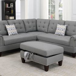 Brand New Grey  Reversible Sectional Sofa With Ottoman