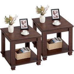 New in box Farmhouse End Table Set of 2,Large Side Table with 2-Tier Storage Shelf,Rustic Brown End Tables for Living Room,Square Tea Table,Walnut, SL