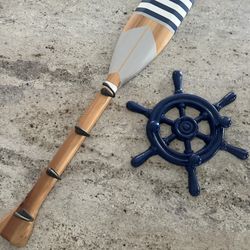 Nautical Room Decor: Oar with hooks and captains wheel with 3 towel hooks 