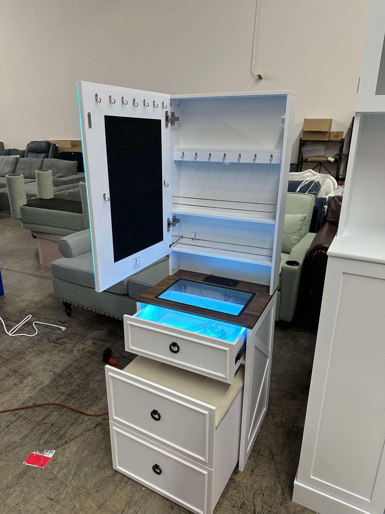 Small Vanity Desk with Mirror and Lights, Modern Glass Top Dressing Table
