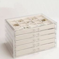 5 Tier Levels Clear Plush Jewelry Organizer Box Storage Earrings Rings Bracelet Necklace 