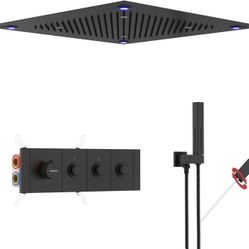 Shower Faucet Set Matte Black Temperature Shower System, Push Button Diverter Shower Faucet with Ceiling Mount Dual Modes 20 Inch LED Shower Head(Rain