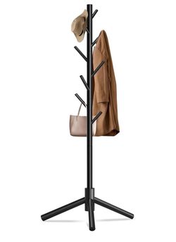8-Hook Freestanding Wooden Coat Rack 3 Adjustable Heights Black Stable Triangular Base for Safety,Durable Construction,Simple Tool-Free Assembly,Ideal
