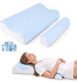Cervical Neck Pillow with Removable Mini Memory Foam Pillow, Blue Ergonomic Design with Adjustable Height & Firmness, 4.7/3.5-Inch Contours, Cooling W