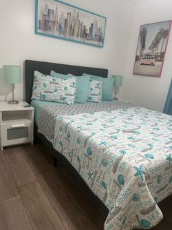 new queen bed new mattress, new nightstands and lamps