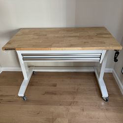 Husky 46 in. W x 24 in. D 2-Drawer Adjustable Height White Worktable with Solid Wood Top