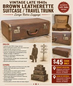 Vintage Late 1940s Brown Leatherette Suitcase / Travel Trunk – $45