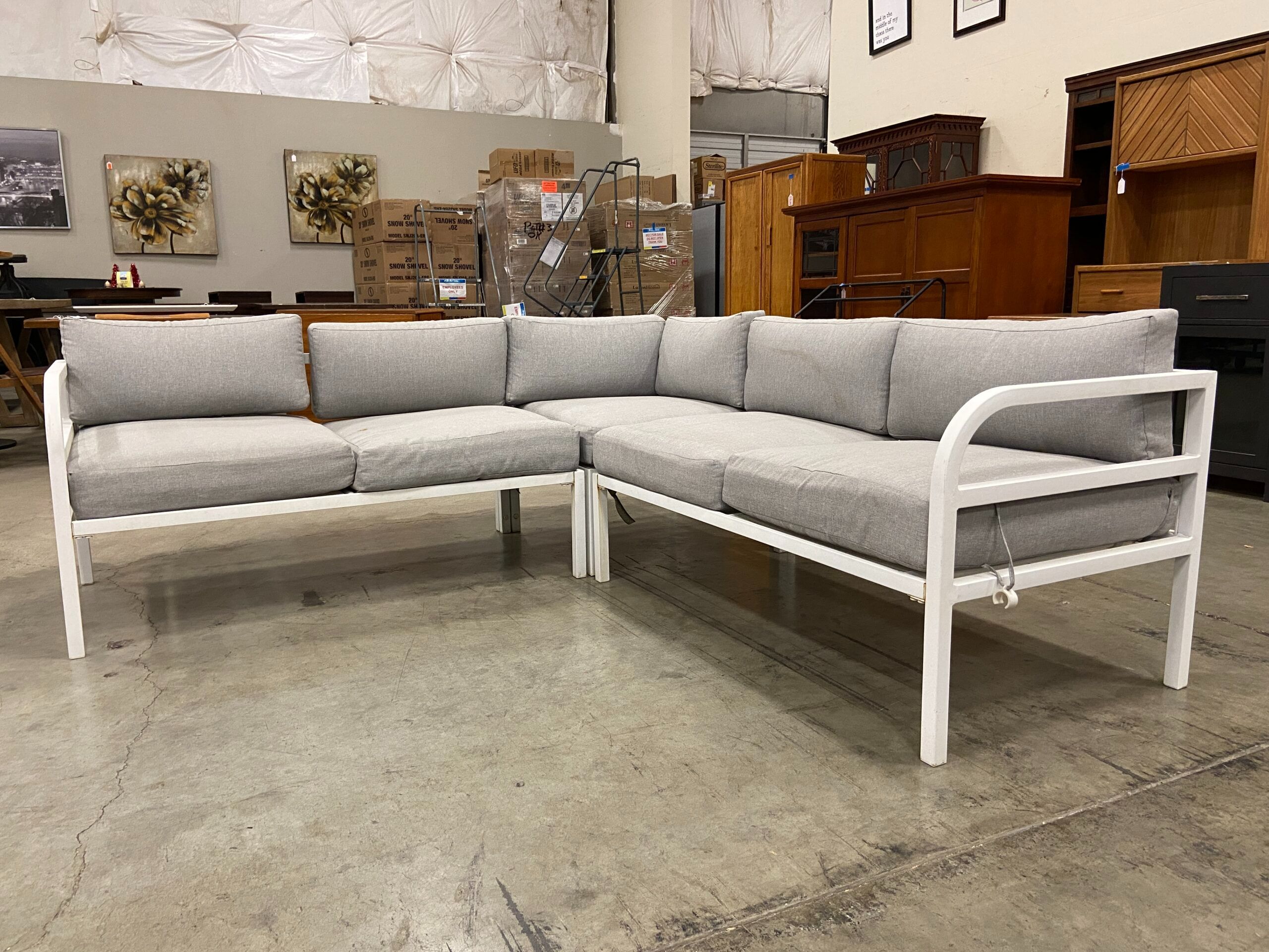Light Grey L-Shaped Patio Sectional with White Metal Frame