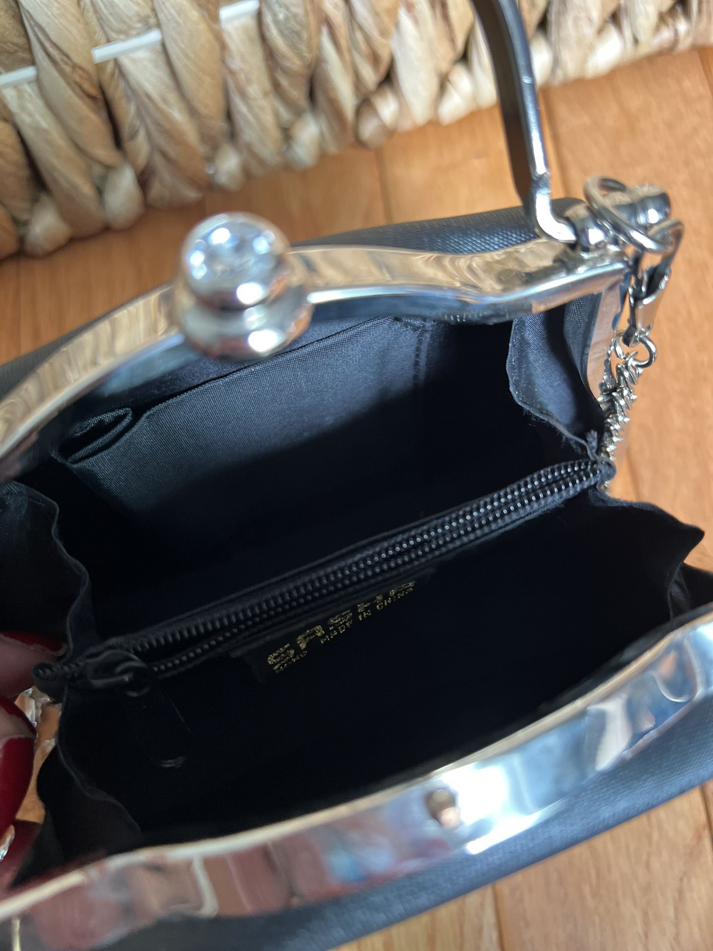 Evening Bag - Black Satin with top handle and detachable chain strap