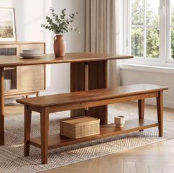 LD0274 55" Solid Wood Dining Bench, Farmhouse Kitchen Bench with Lower Shelf