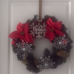 Holiday Wreath with Poinsettias, Snowflakes