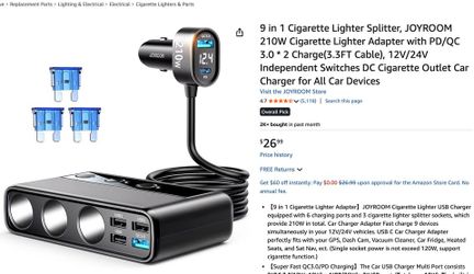 Car Cigarette Lighter (12v socket) Splitter with Fast USB Charging