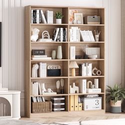 74.3” Double Wide 6-Tier Bookcase, Extra Large Wooden Freestanding Display Bookshelf for Home Office Living Room, Light Oak