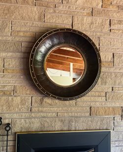 Rustic Lodge Round Mirror 33" – Leather-Look, Brass Nailhead Porthole Style