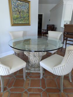 Round Glass Dining Table + 4 Chairs – 53.5" Stone Corinthian Pedestal Base