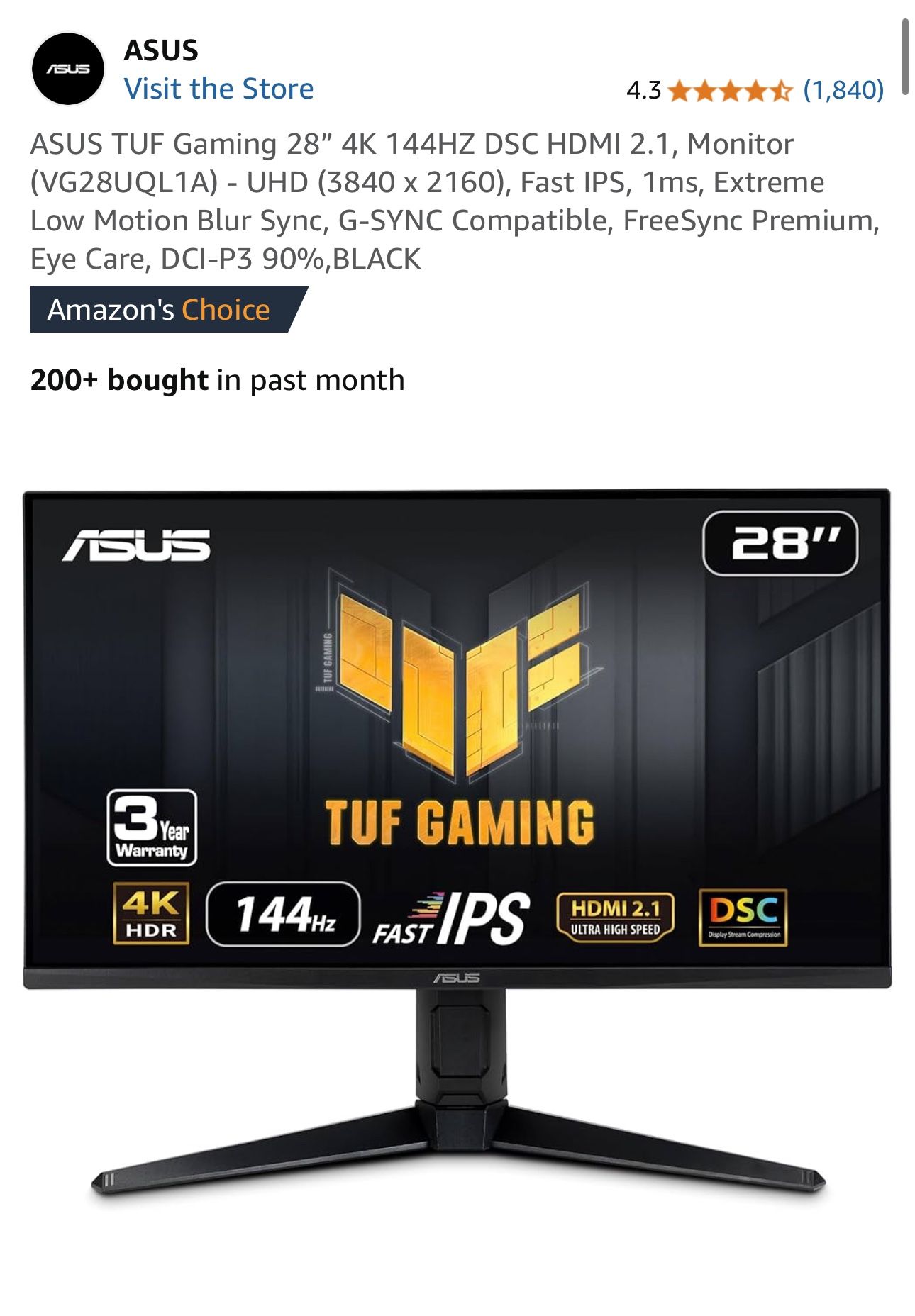 ASUS TUF 28” 4K 144HZ Monitor