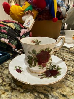 Vintage Fine Bone China Tea Cup and Saucer with Red Rose Design and Gold Trim