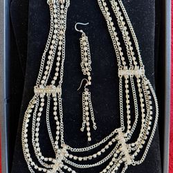 vintage silver-tone multi-strand rhinestone necklace and earrings set