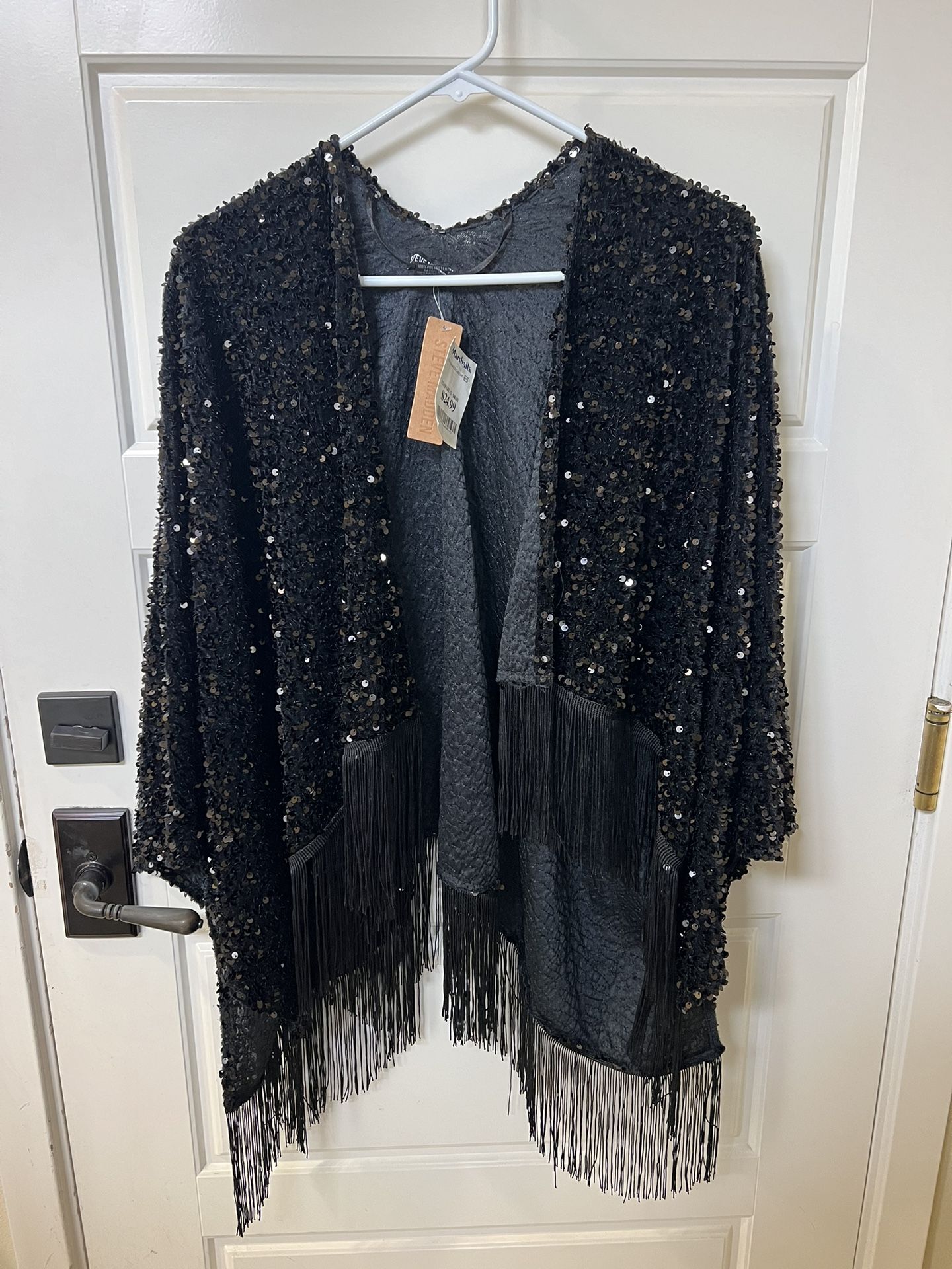 Formal Black Fringed Sequin Shall For Over Dress- Tags On / For Wedding Or Prom