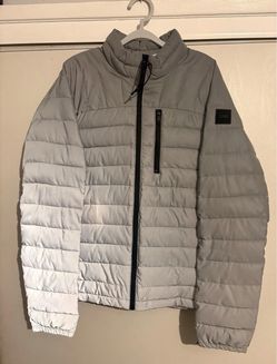 DKNY Packable Water Resistant Quilted Puffer Jacket Gray Stand Collar Full Zip