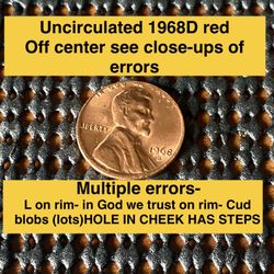 Uncirculated red 1968 penny multiple errors see close-ups