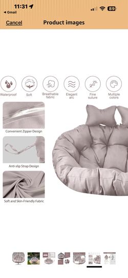 Boshen Double Egg Chair Cushion Replacement 59x43in –2 Seater Premium Outdoor Swing Chair Pad with Ties, 6.3Inch Thickened Memory Foam