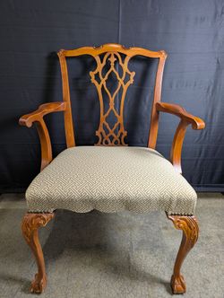 Carved Wood Chippendale Style Armchair with Geometric Upholstery