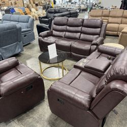 Brown Living Room Recliner 3Pcs Set with Bluetooth Speaker and LED Lights (1/12) / Juego de 3 piezas reclinable para sala de estar marrón con altavoz 