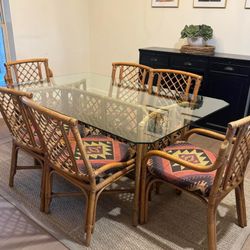 Mid Century Bamboo and Glass Top Dining Room Table