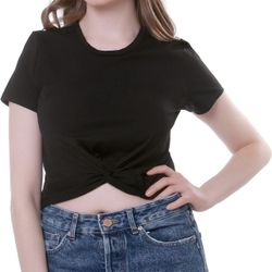 Women's Short Sleeve Crop Tops Twist Front Crewneck Tee T-Shirt (Black Small)