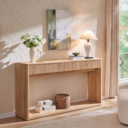 ES49 $130  63 Inch Fluted Long Console Table for Entryway, Modern Entryway Table with 2 Large Drawers,Farmhouse Sofa Table Behind Couch for Living Roo