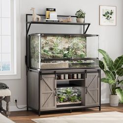 48"x24" Reptile Tank Stand with Power Outlet & Storage Cabinet, Grey Fits up to 120 Gallon Bearded Dragon Tank, Sliding Barn Doors, Heavy Duty Aquariu