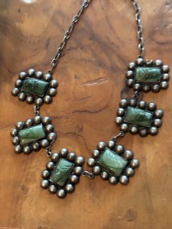 Vintage sterling silver etched stone necklace 
